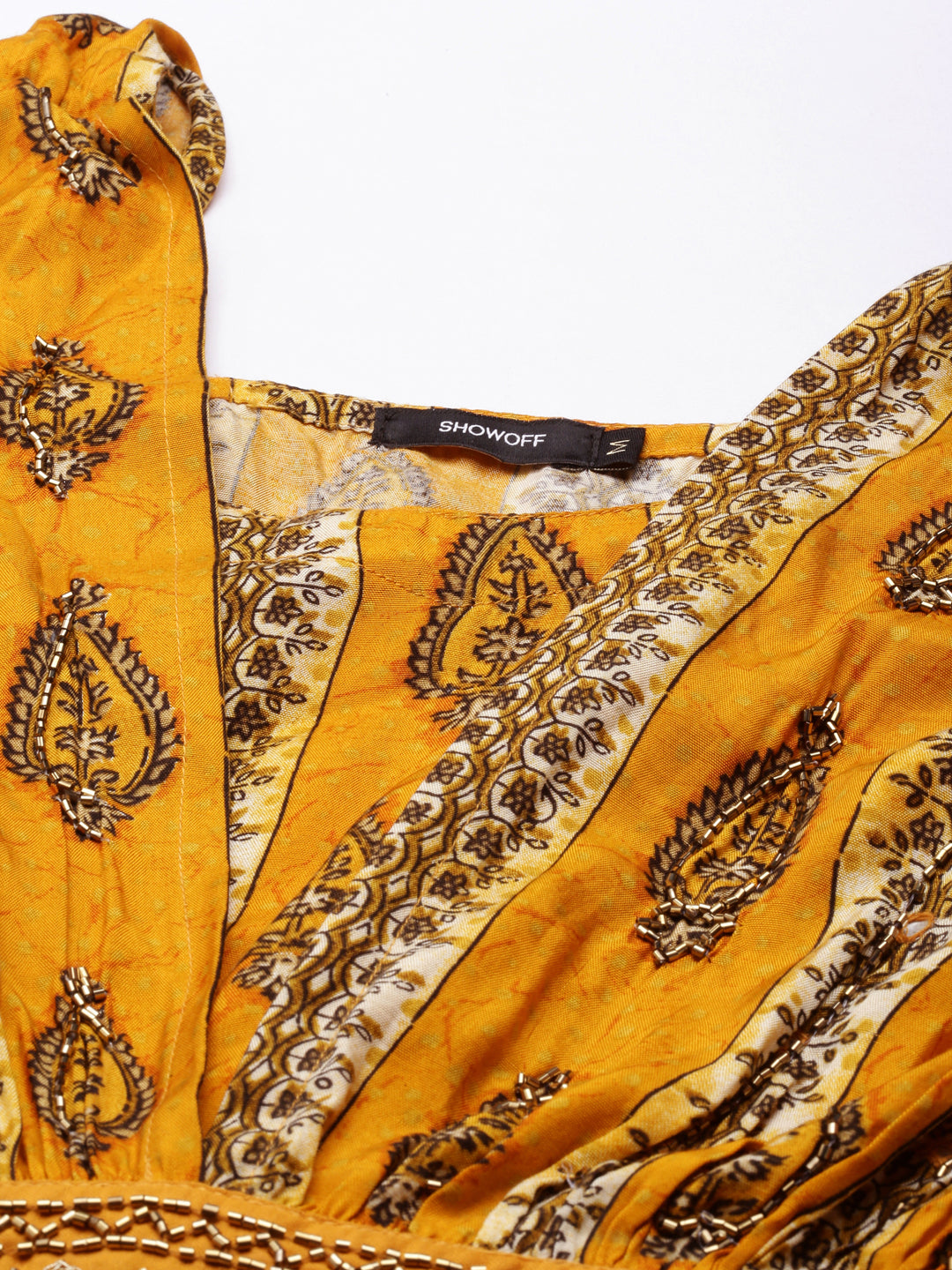 Women's Mustard Ethnic Motifs Printed Kimono Sleeves Fit & Flare Dress