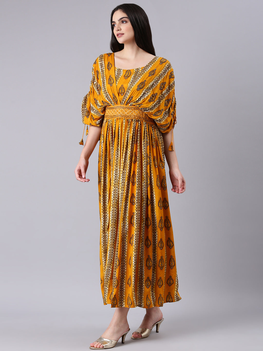 Women's Mustard Ethnic Motifs Printed Kimono Sleeves Fit & Flare Dress