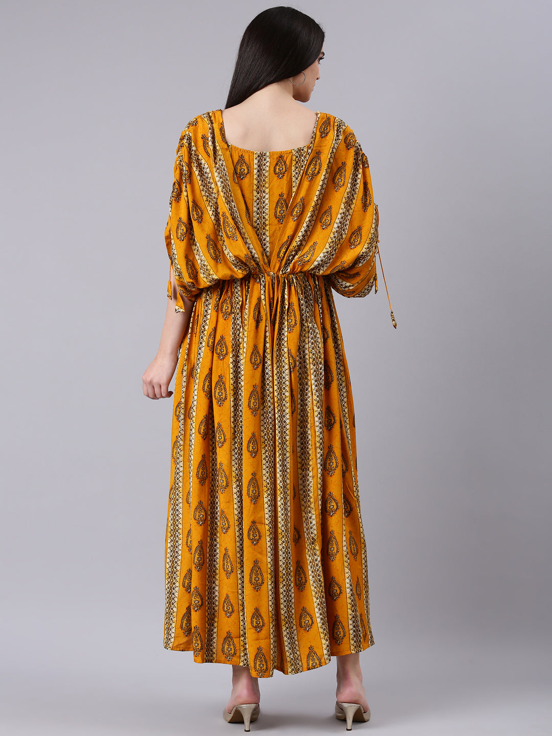 Women's Mustard Ethnic Motifs Printed Kimono Sleeves Fit & Flare Dress