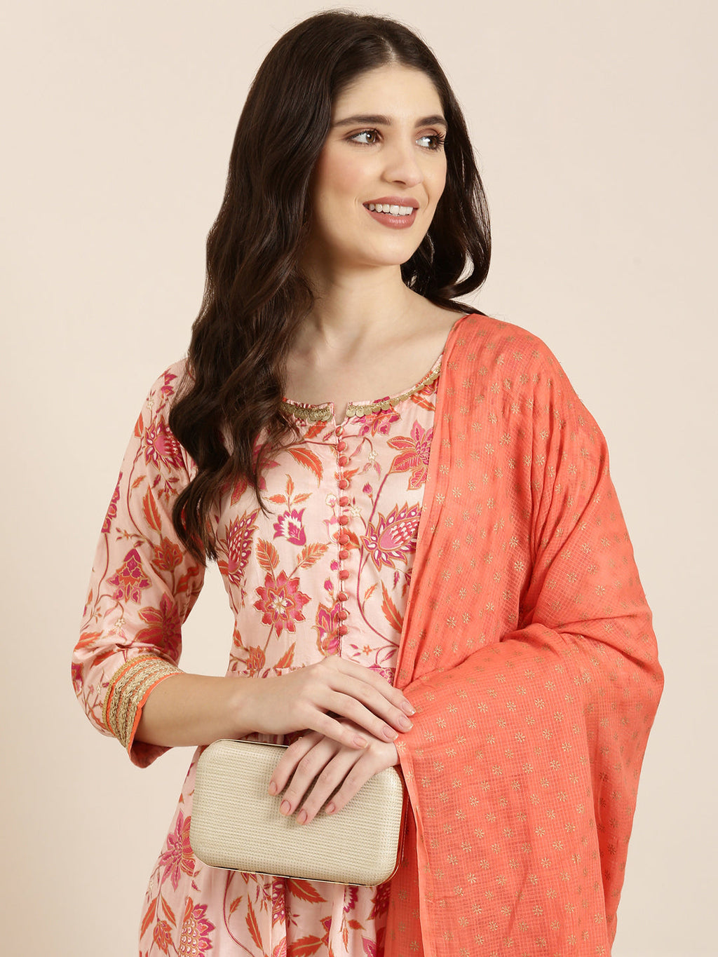 Women's Peach Floral Printed Anarkali Kurta with Dupatta