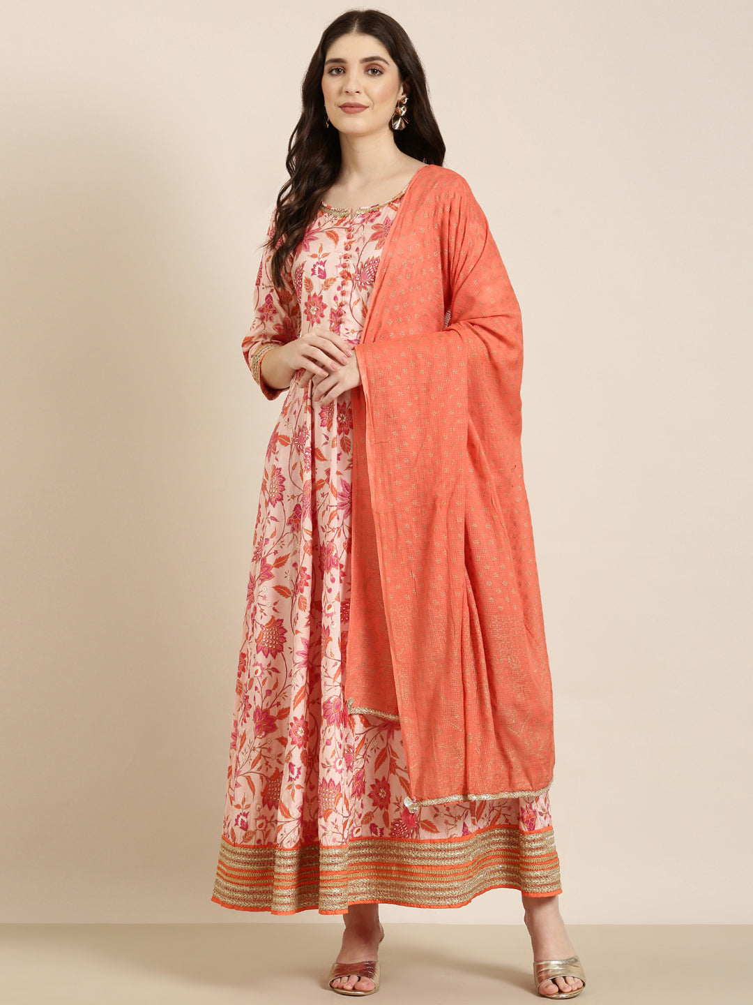 Women's Peach Floral Printed Anarkali Kurta with Dupatta
