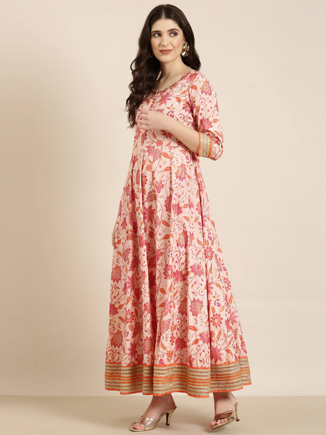 Women's Peach Floral Printed Anarkali Kurta with Dupatta
