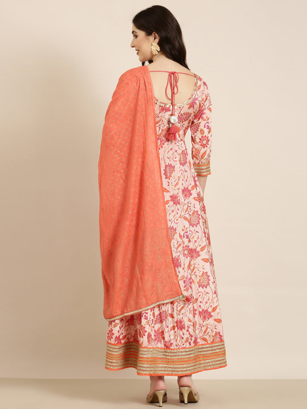 Women's Peach Floral Printed Anarkali Kurta with Dupatta