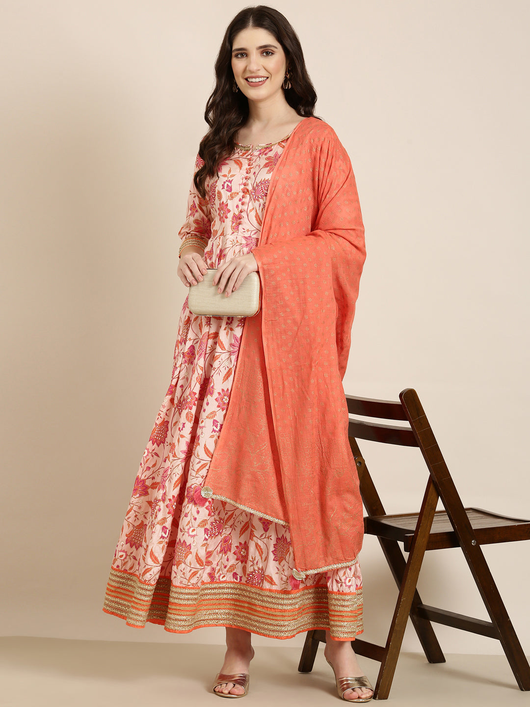 Women's Peach Floral Printed Anarkali Kurta with Dupatta