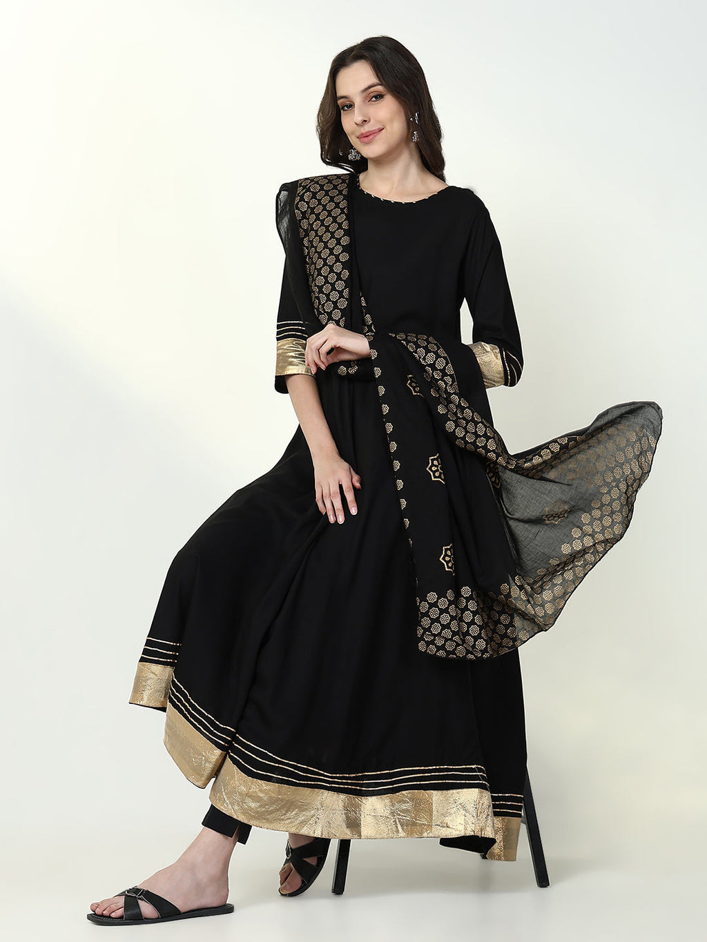 Women's Anarkali Solid Black Kurta Sets with Dupatta