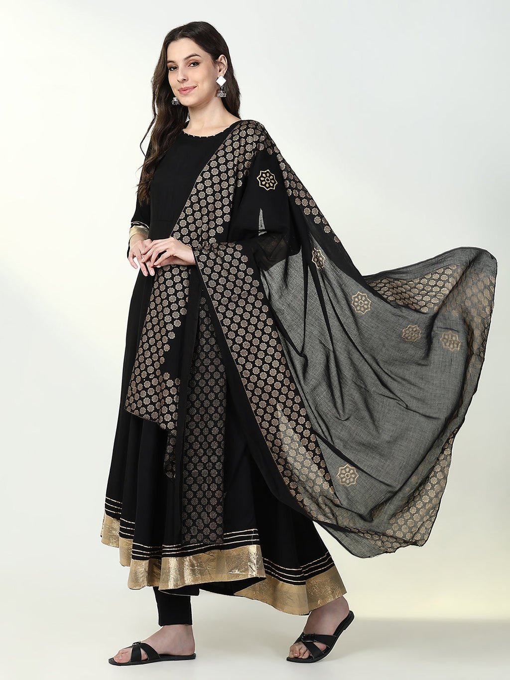 Women's Anarkali Solid Black Kurta Sets with Dupatta