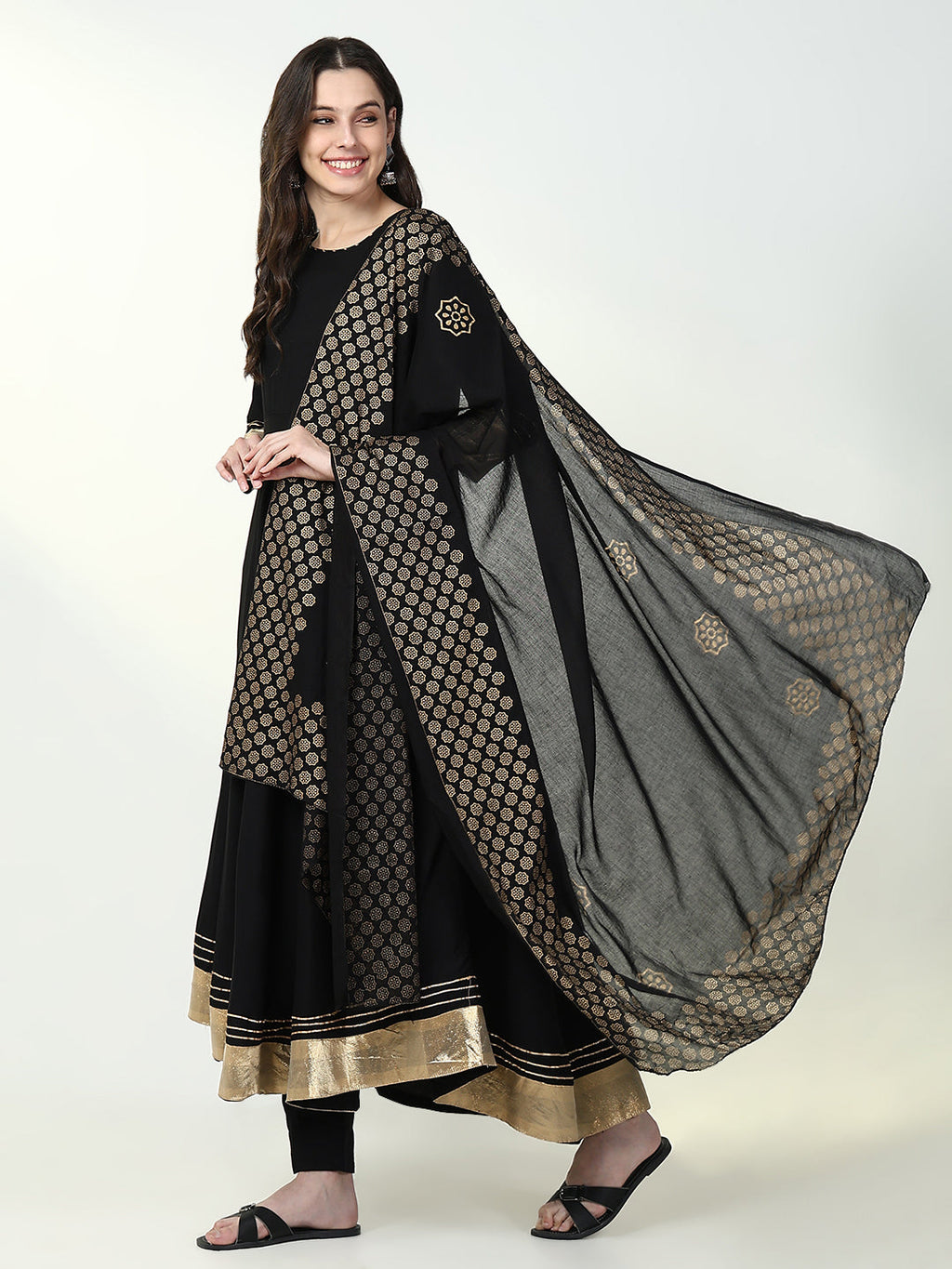 Women's Anarkali Solid Black Kurta Sets with Dupatta