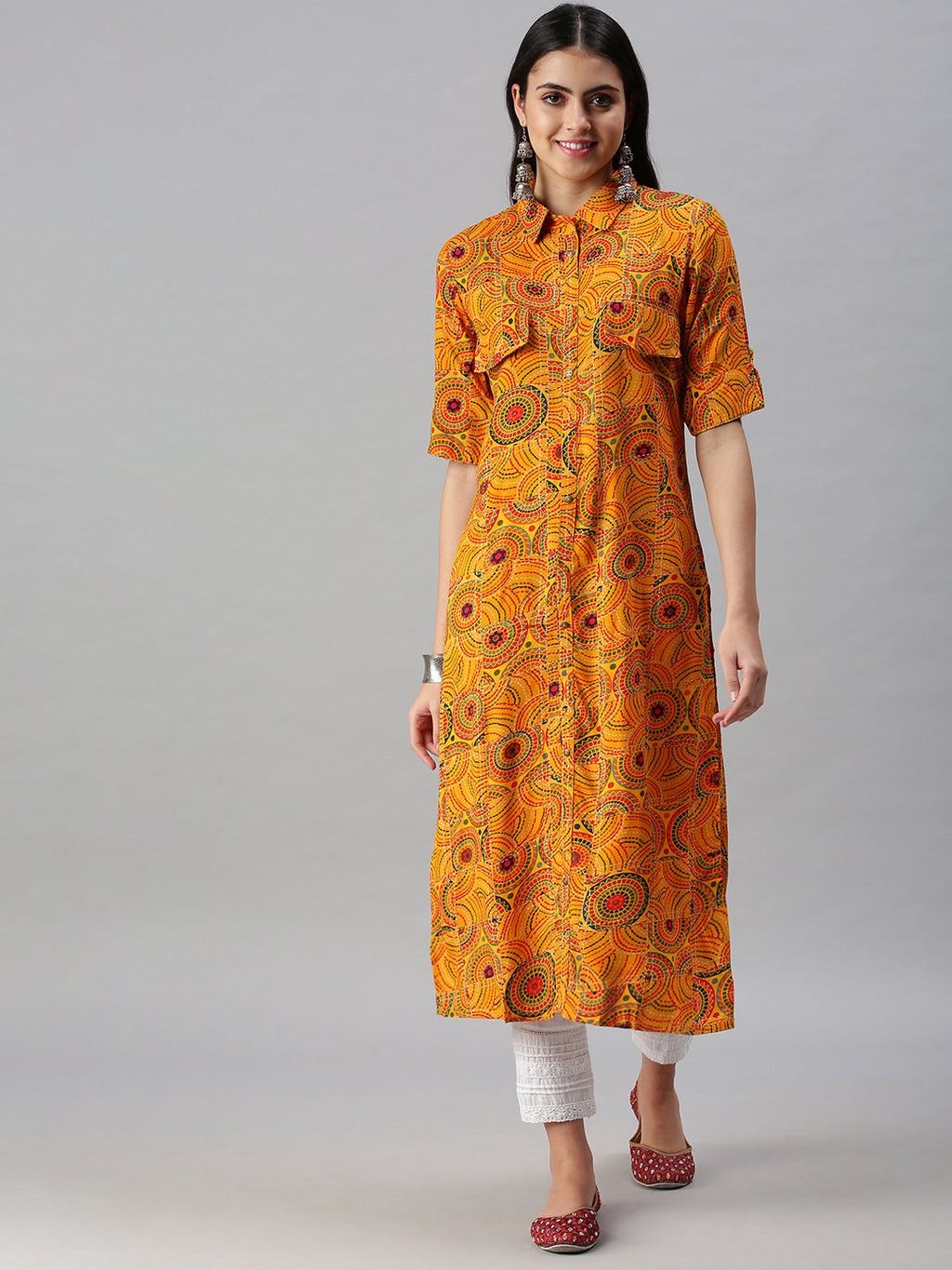 Women's Yellow Ethnic Motifs Printed Cotton Straight Kurta