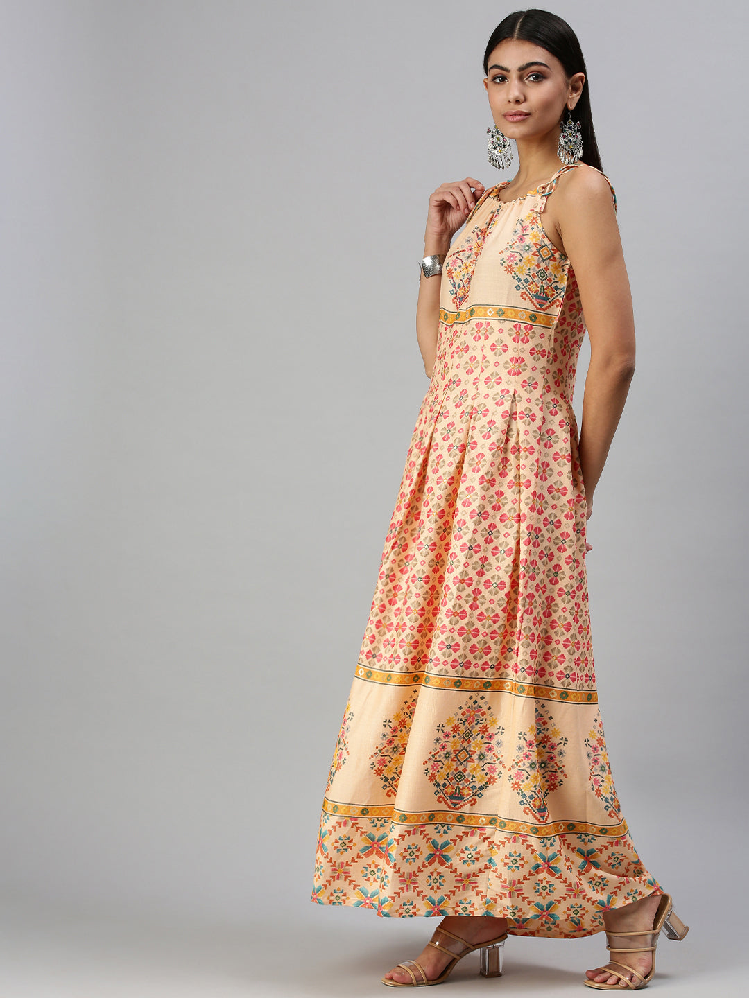 Women's Peach Floral Printed Keyhole Neck Anarkali Kurta
