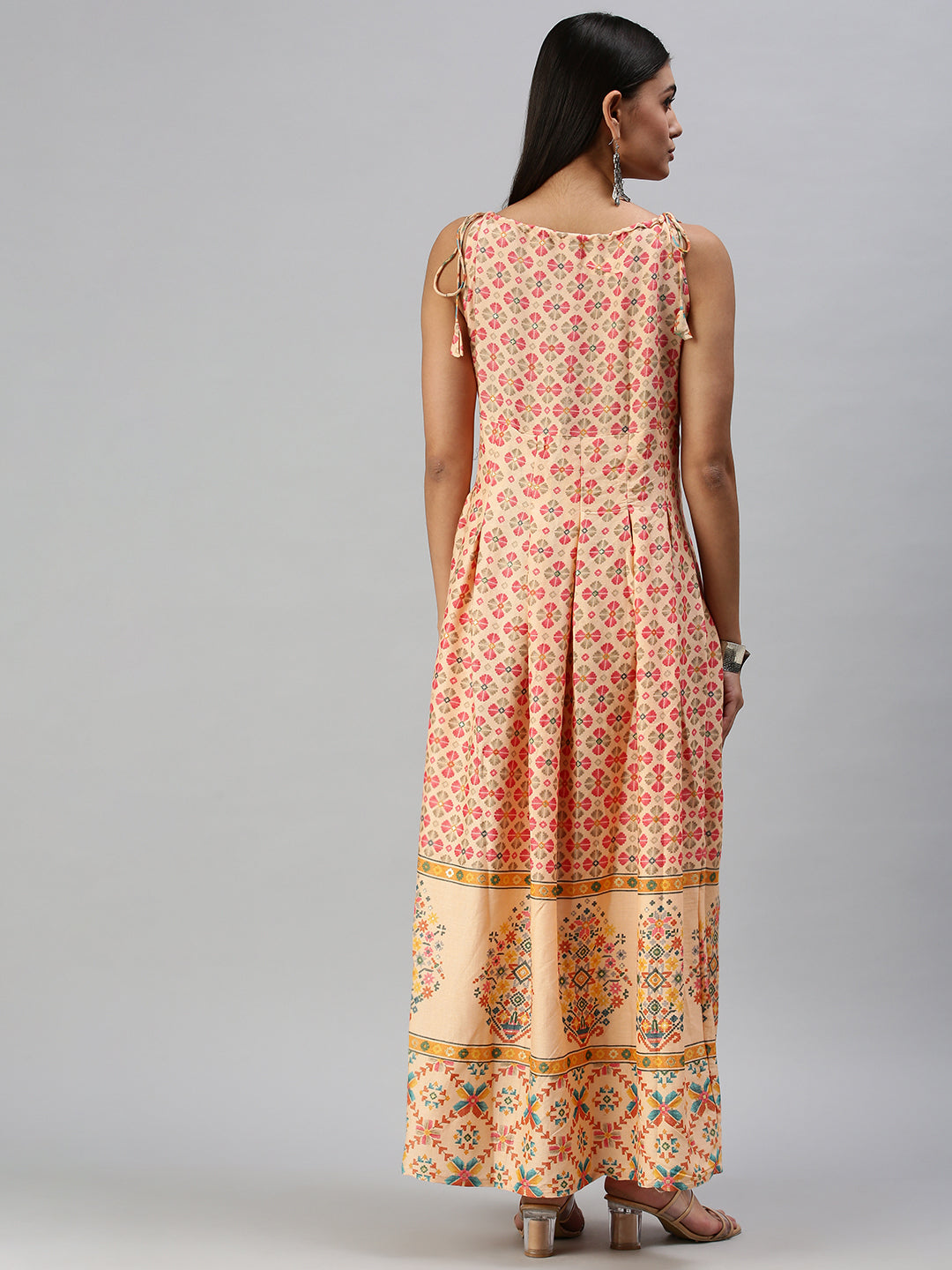 Women's Peach Floral Printed Keyhole Neck Anarkali Kurta