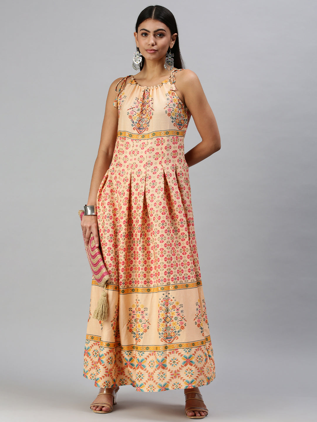 Women's Peach Floral Printed Keyhole Neck Anarkali Kurta