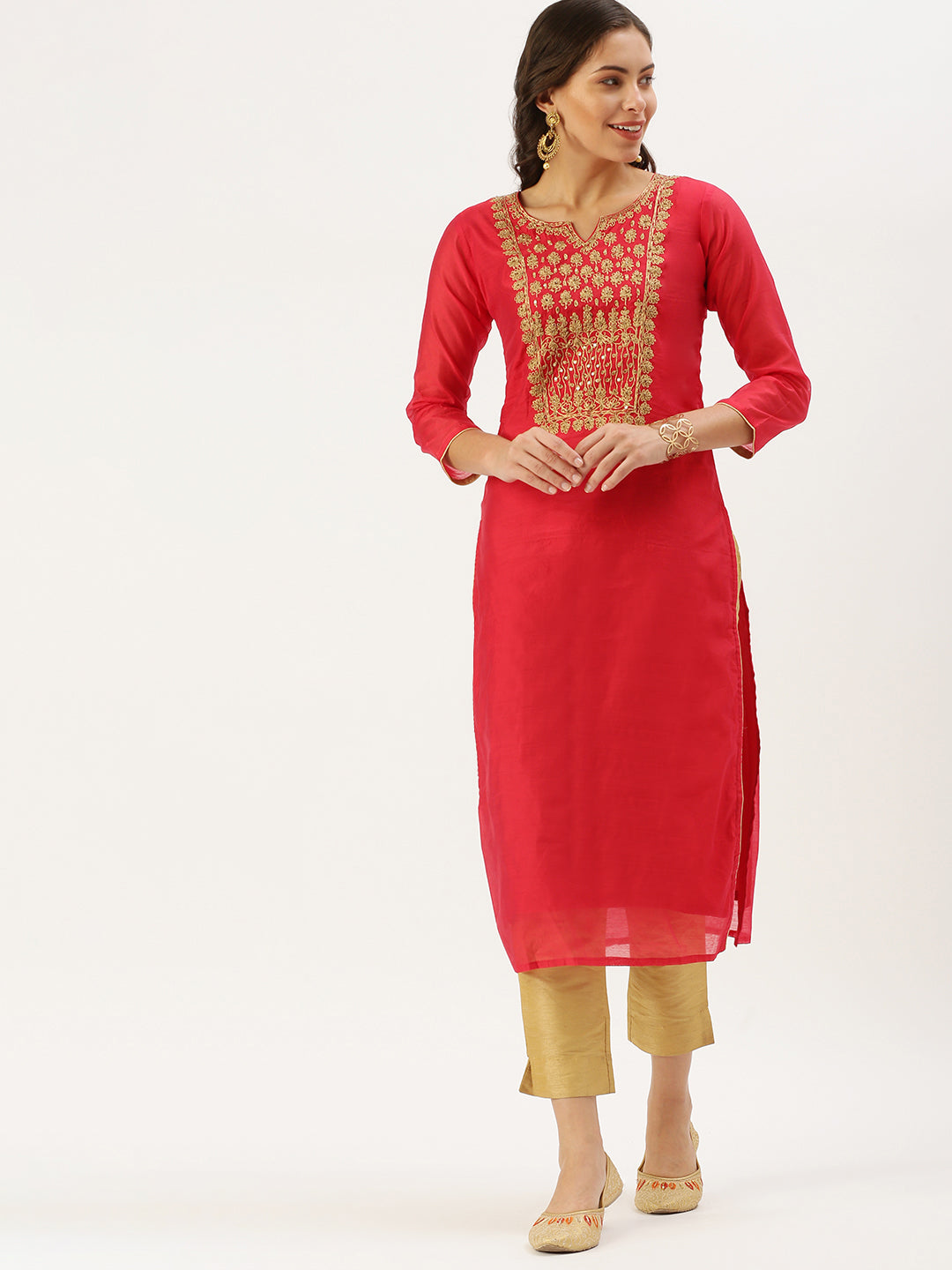 Women's Red Embellished Straight Kurta