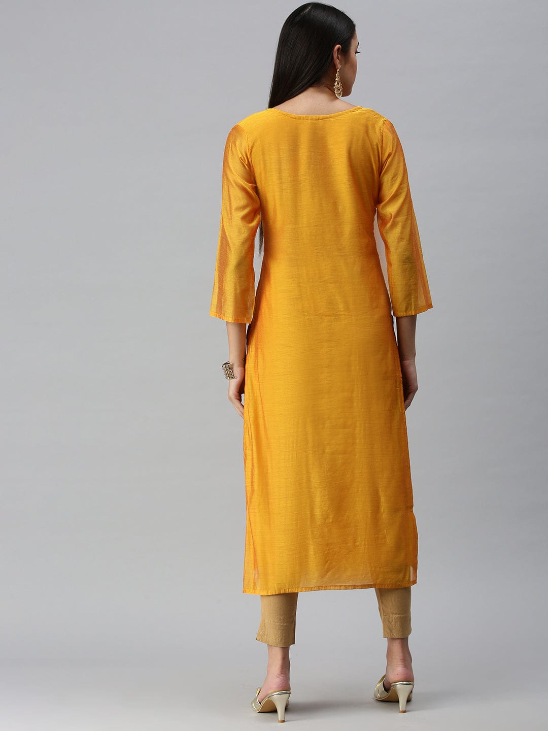 Women's Embroidered Mustard Straight Kurta