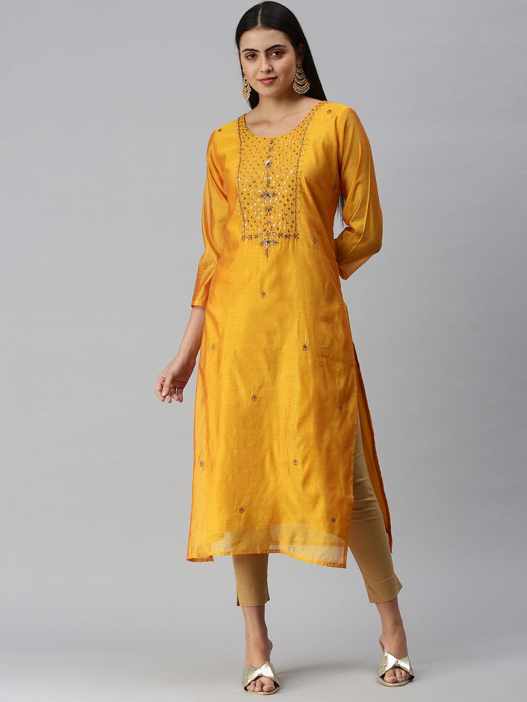 Women's Embroidered Mustard Straight Kurta