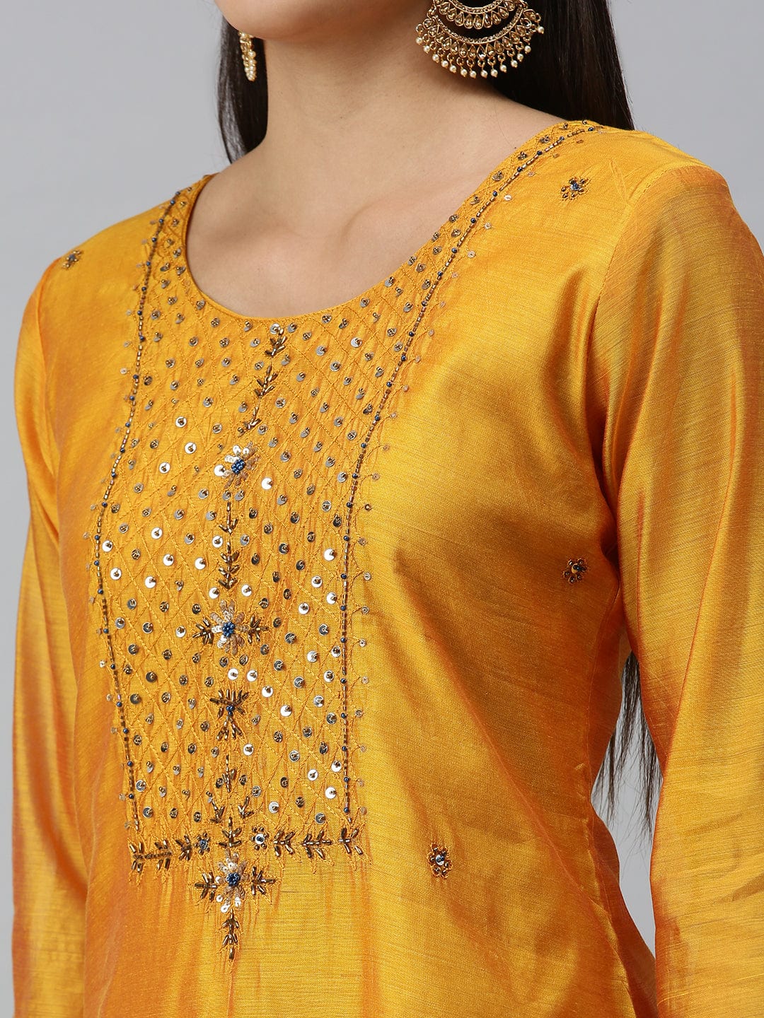 Women's Embroidered Mustard Straight Kurta