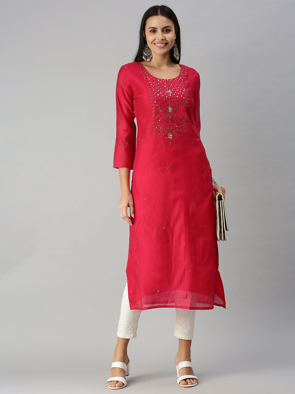 Women's Embroidered Pink Straight Kurta