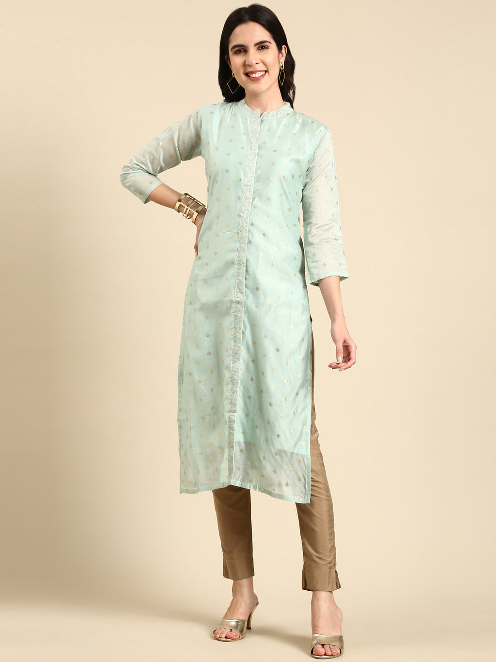 Women's Sea Green Geometric Woven Design Pastels Straight Kurta