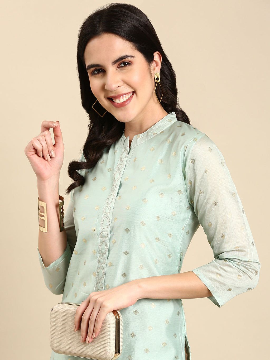 Women's Sea Green Geometric Woven Design Pastels Straight Kurta