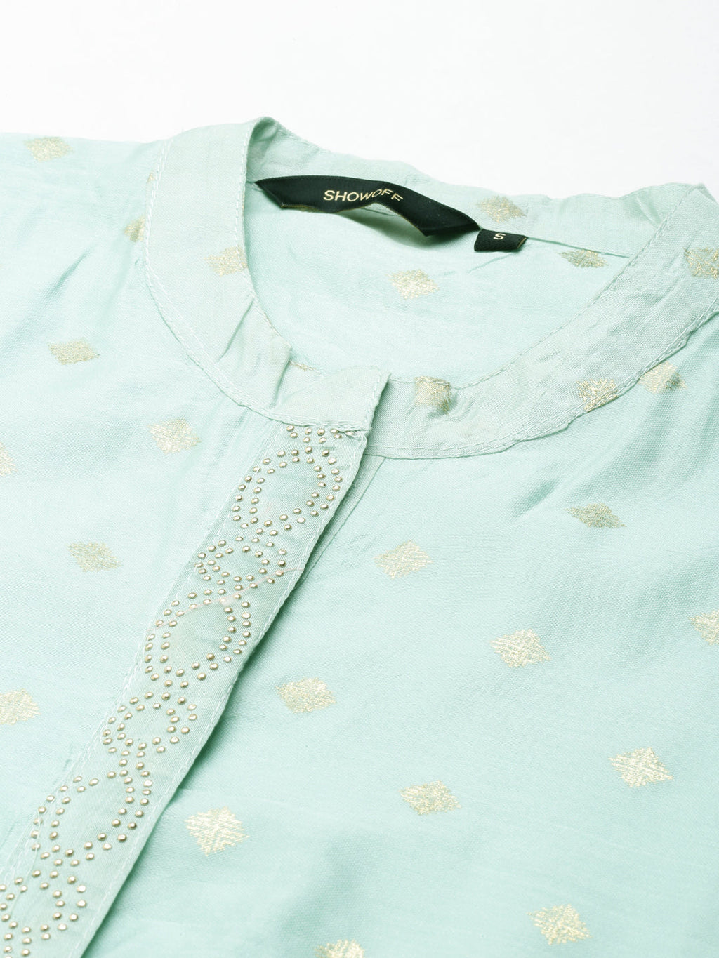 Women's Sea Green Geometric Woven Design Pastels Straight Kurta