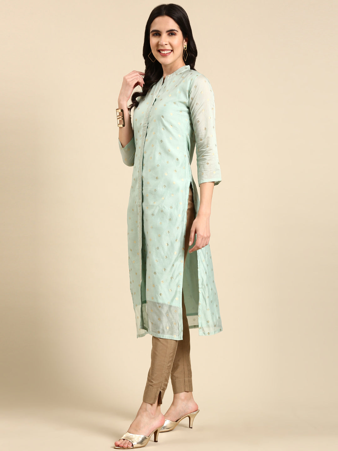 Women's Sea Green Geometric Woven Design Pastels Straight Kurta