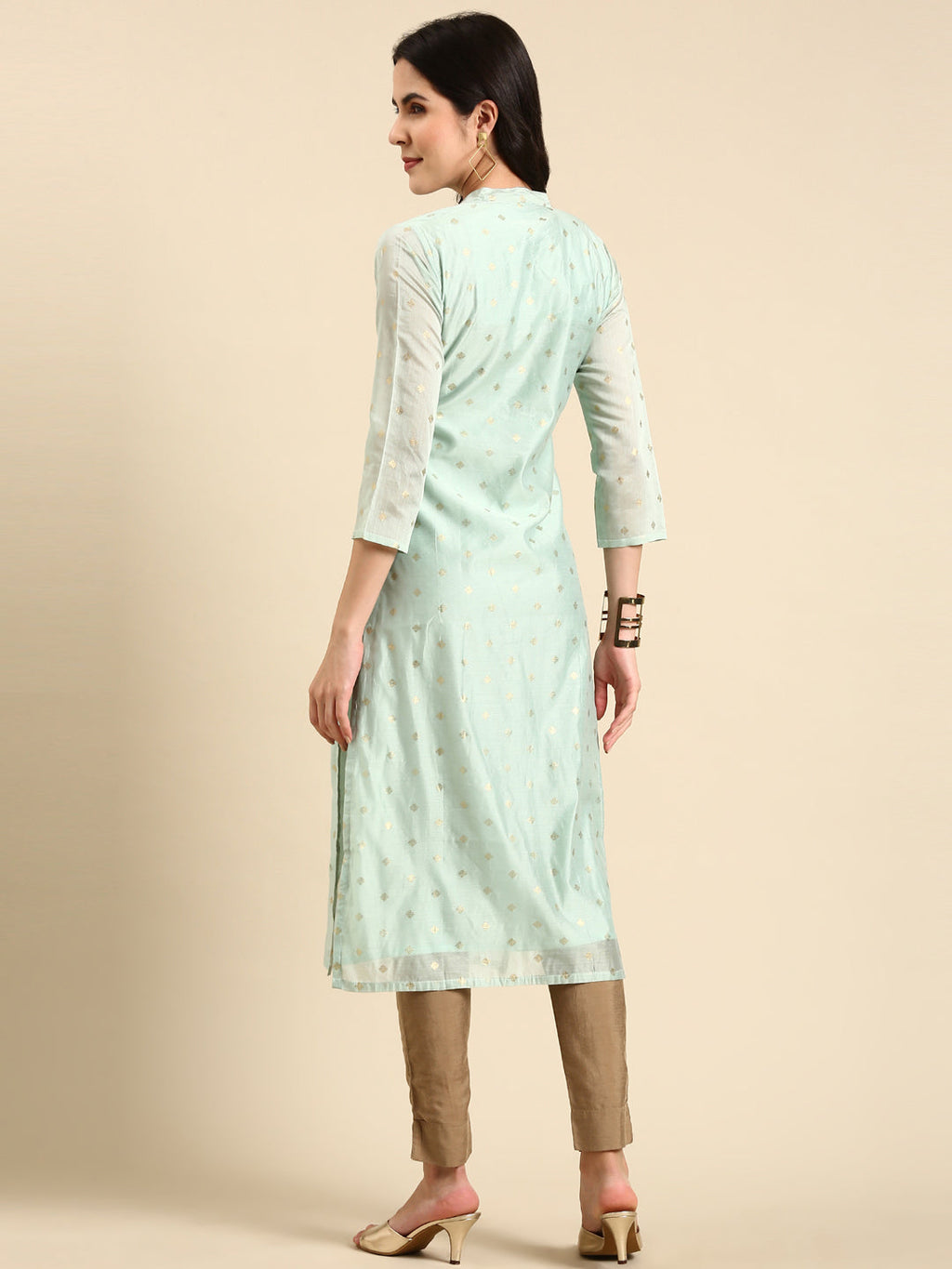 Women's Sea Green Geometric Woven Design Pastels Straight Kurta