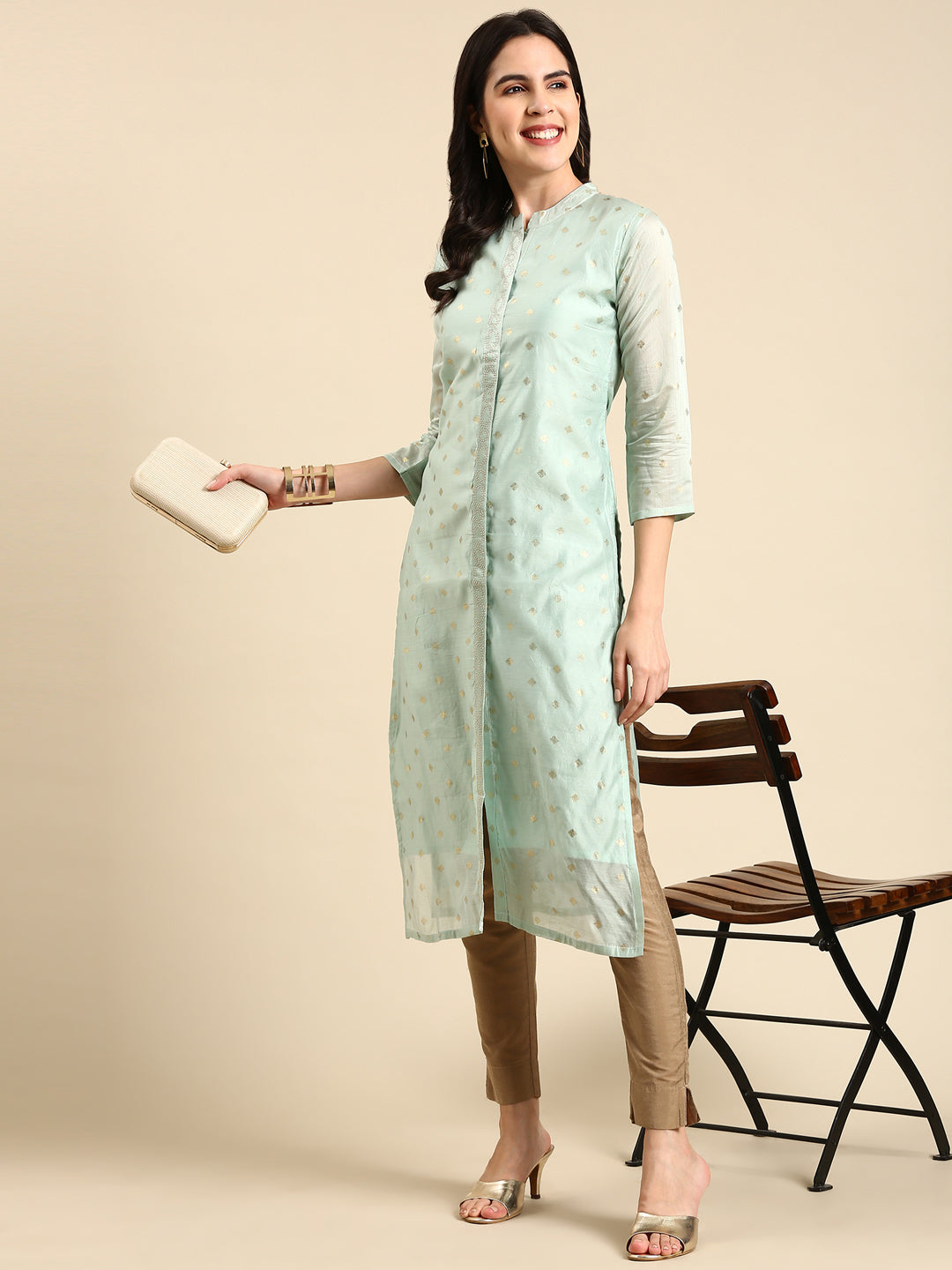 Women's Sea Green Geometric Woven Design Pastels Straight Kurta