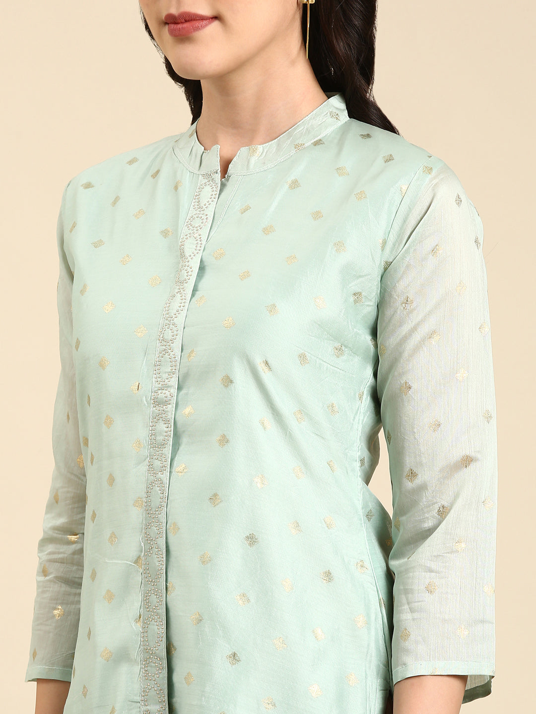 Women's Sea Green Geometric Woven Design Pastels Straight Kurta