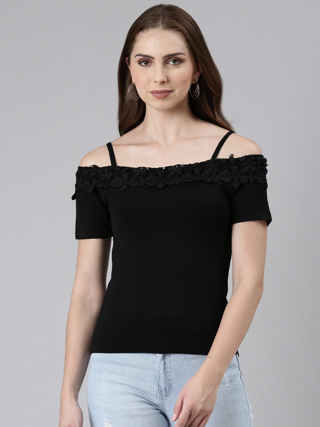 Women's Off-Shoulder Solid Black Top