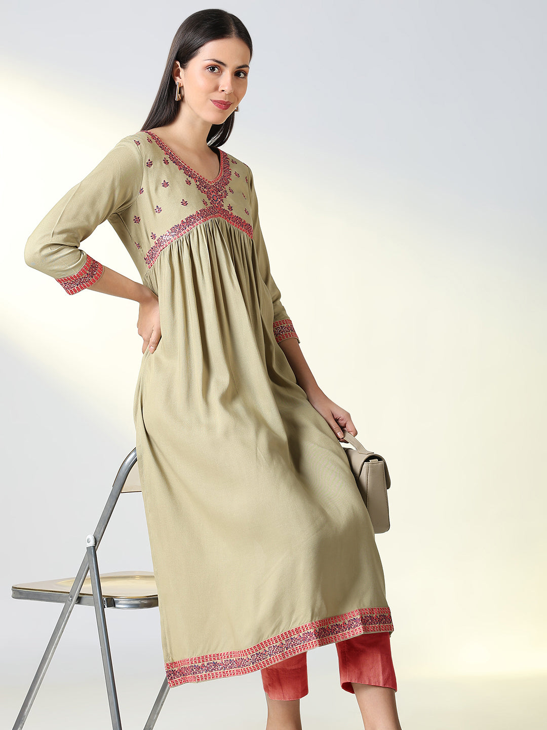 Women's Beige Solid A Line Kurta