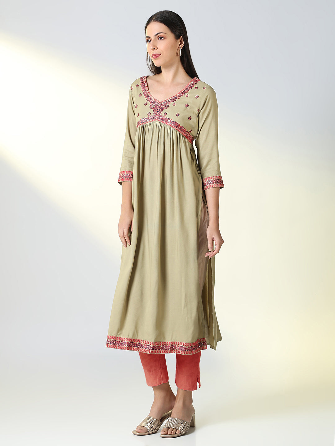 Women's Beige Solid A Line Kurta