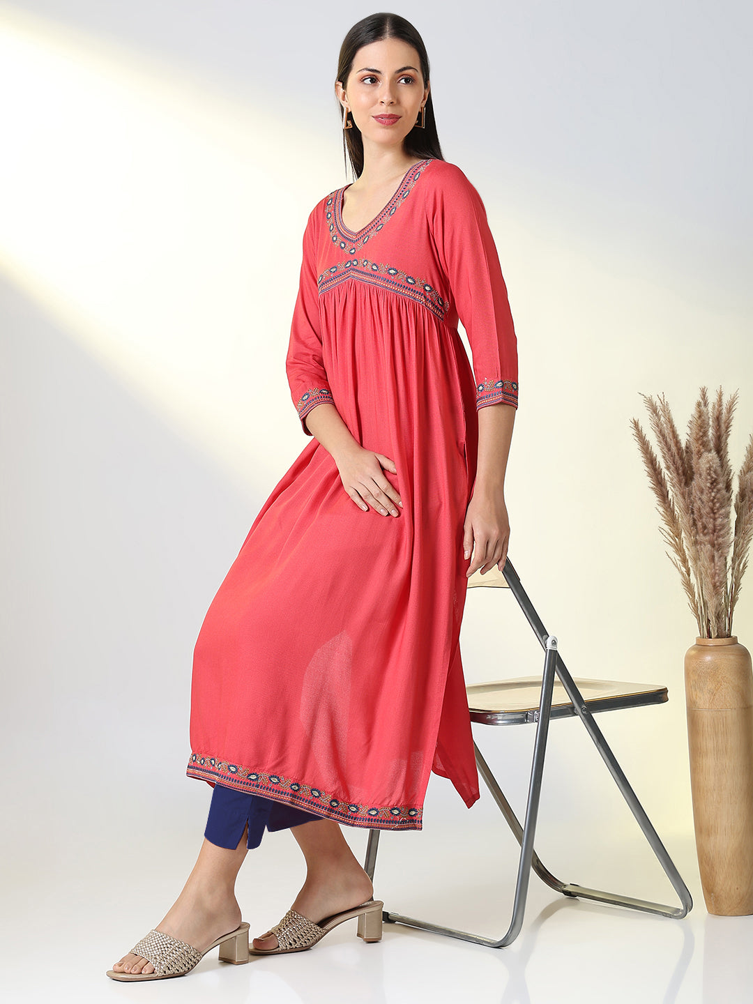 Women's Pink Solid A Line Kurta