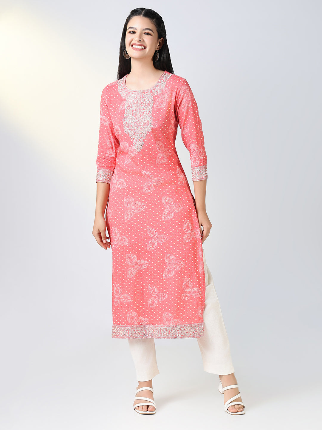 Women's Pink Ethnic Motifs Straight Kurta