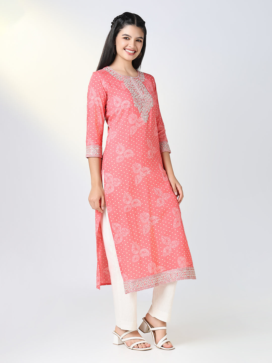 Women's Pink Ethnic Motifs Straight Kurta