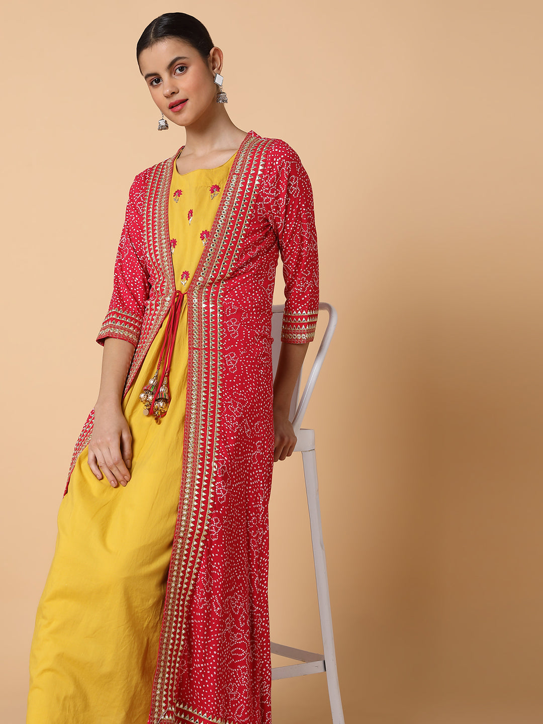 Women's Mustard Embroidered Beaded Anarkali Kurta With Longline Jacket