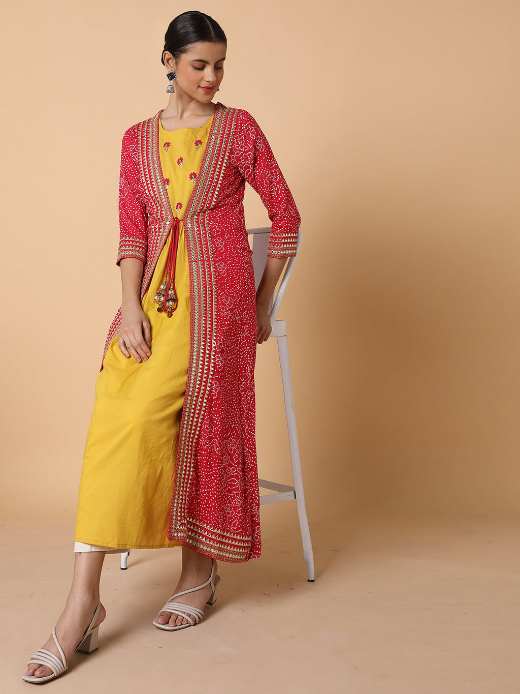 Women's Mustard Embroidered Beaded Anarkali Kurta With Longline Jacket