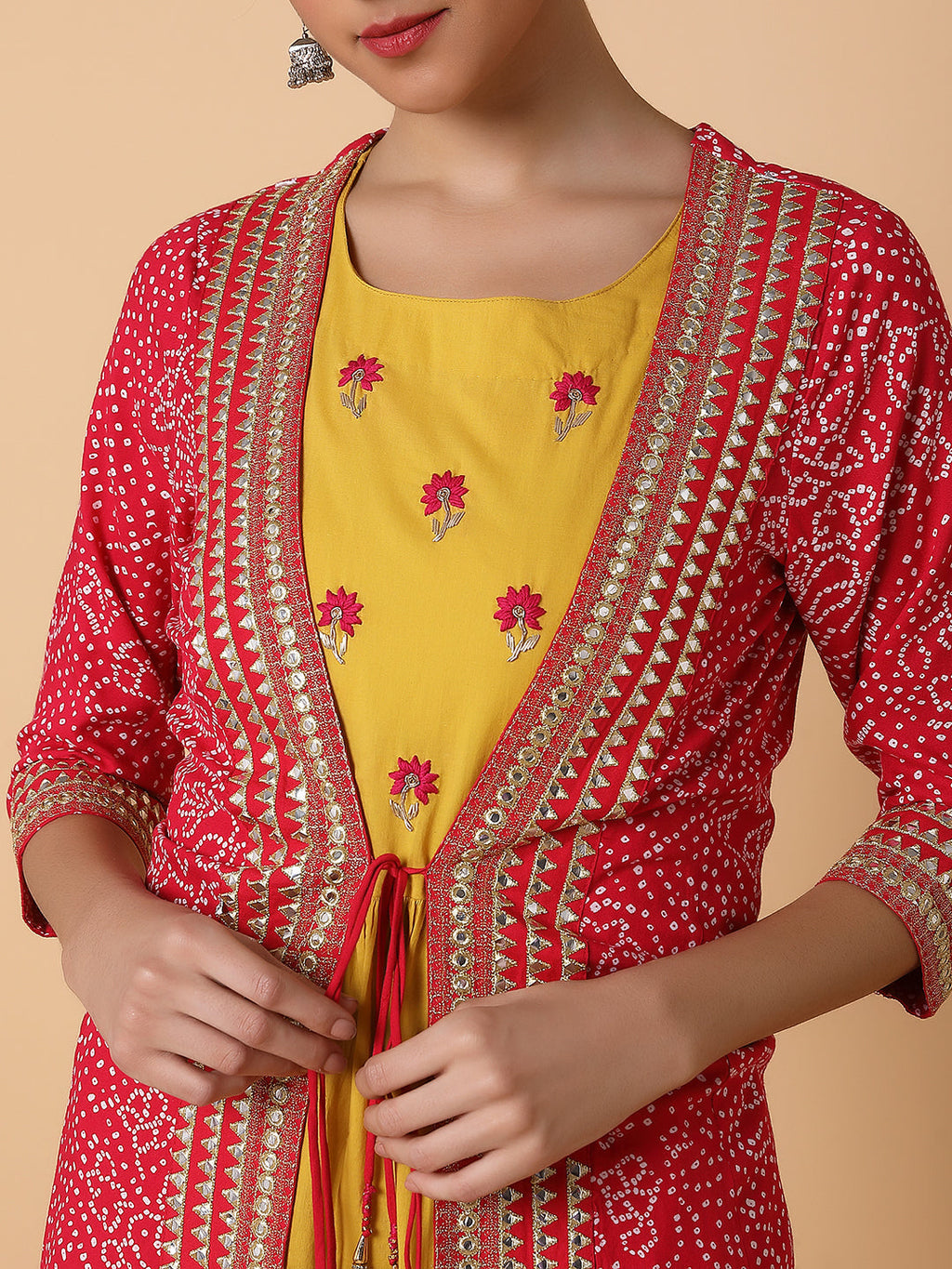 Women's Mustard Embroidered Beaded Anarkali Kurta With Longline Jacket