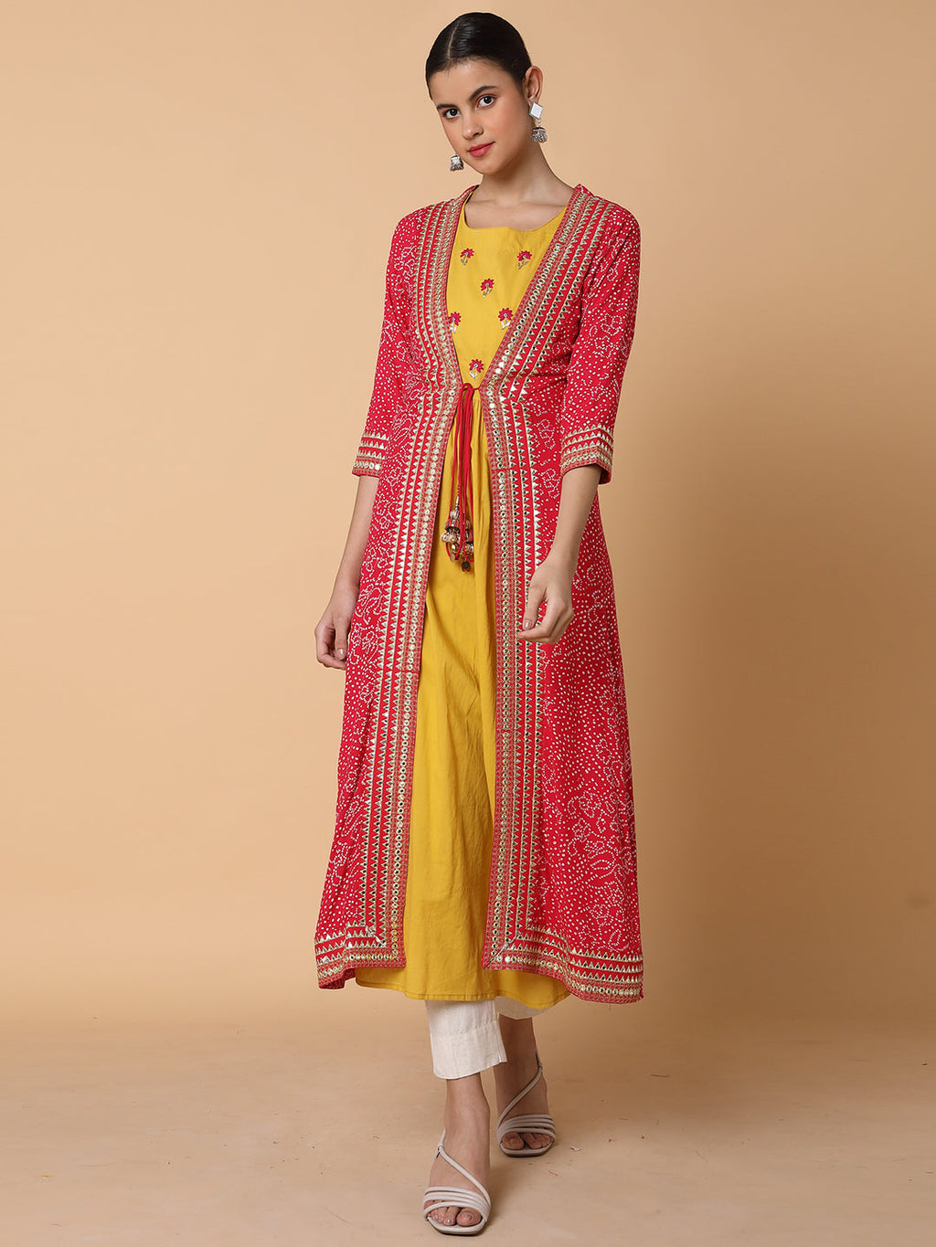 Women's Mustard Embroidered Beaded Anarkali Kurta With Longline Jacket