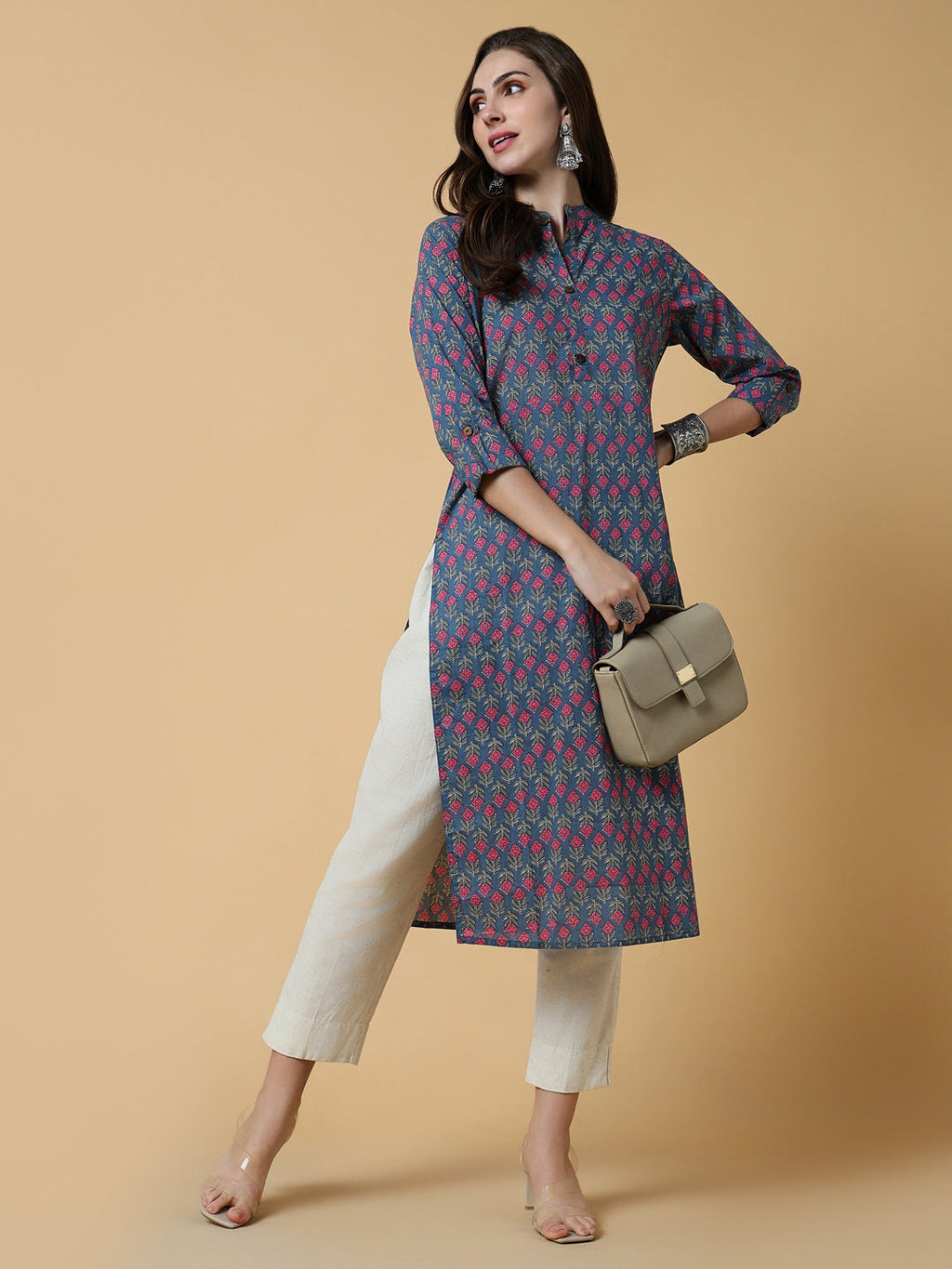 Women's Floral Blue Straight Kurta