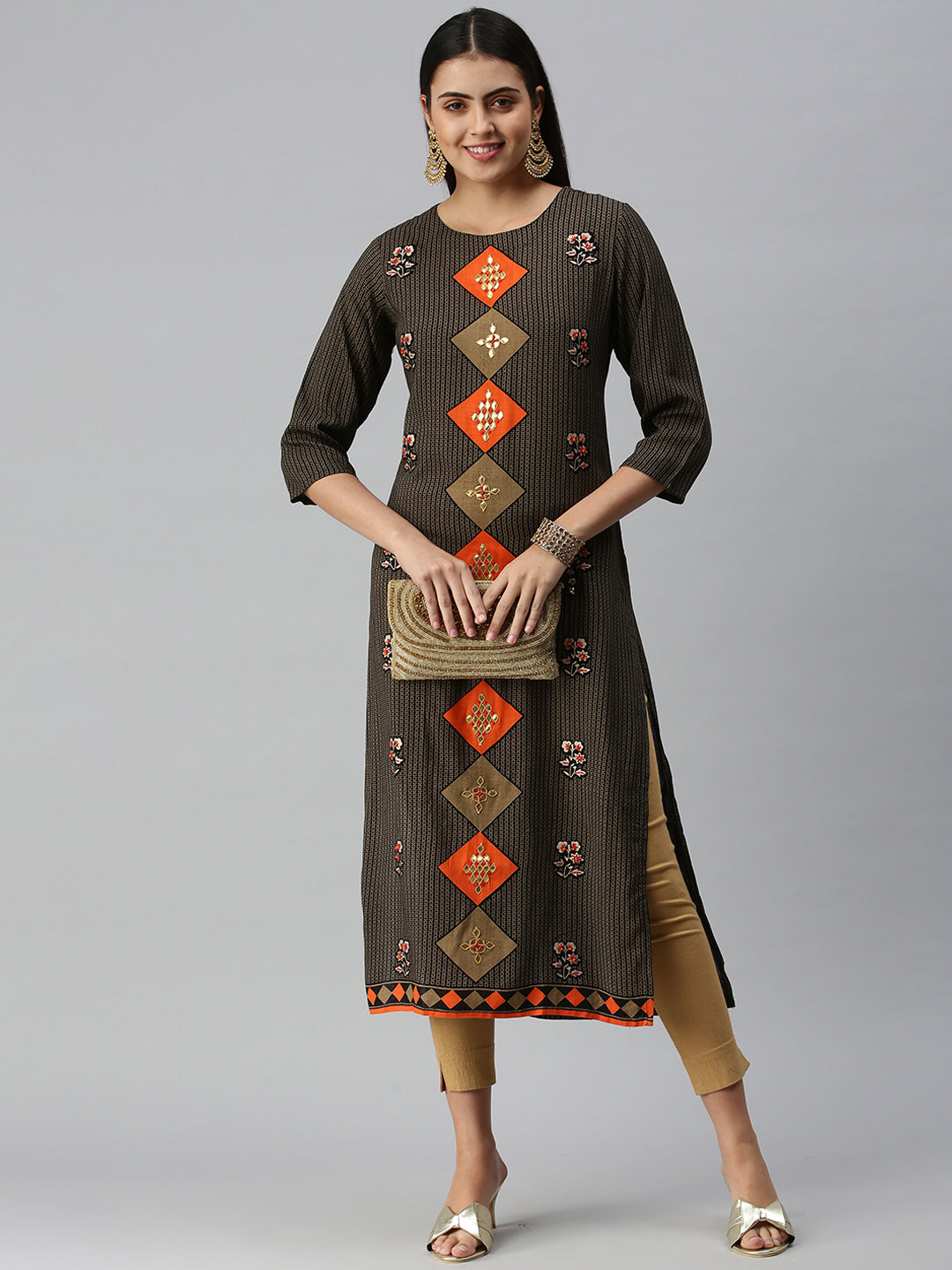 Women's Black Beige Floral Khatwa Straight Kurta