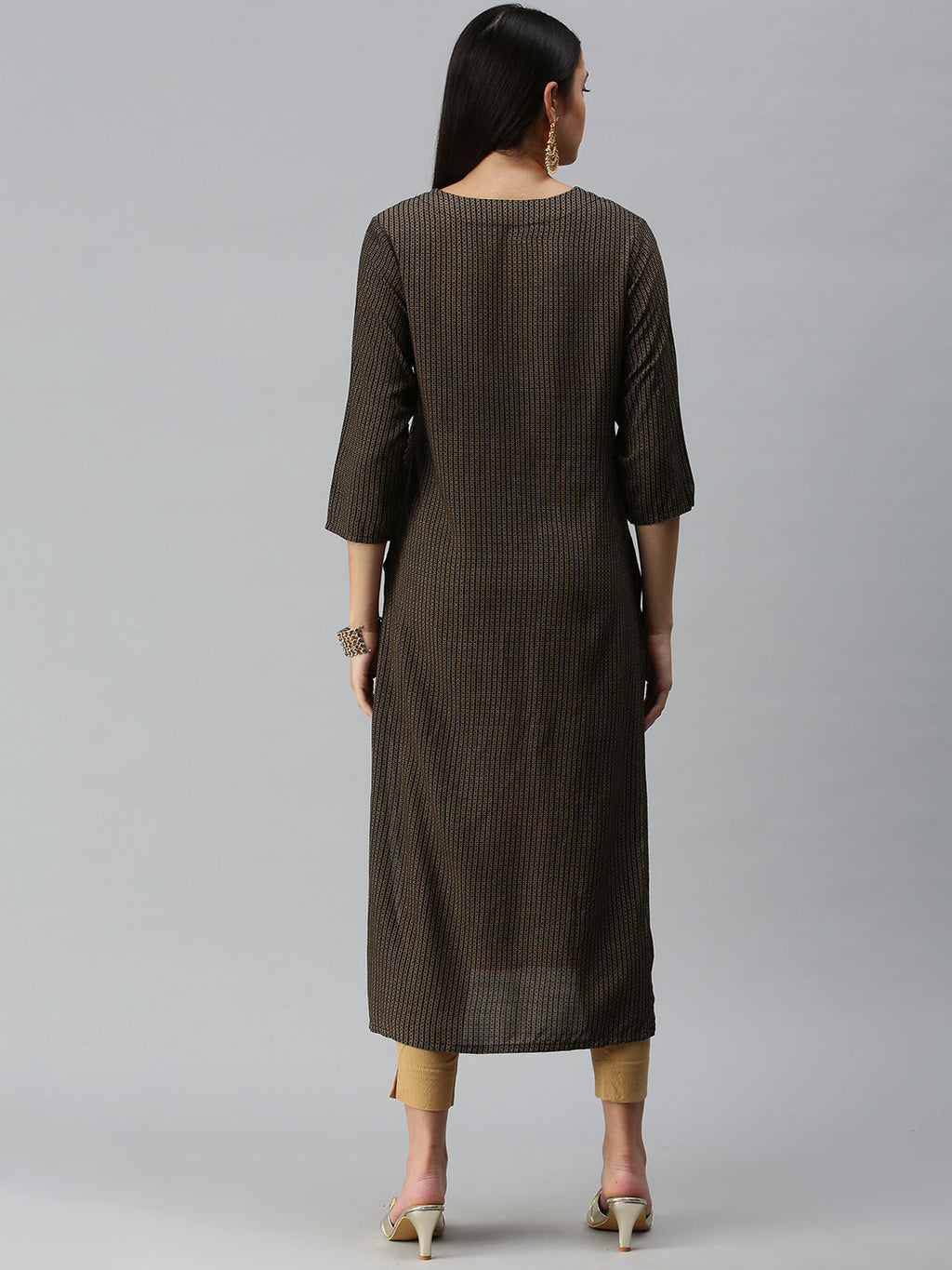 Women's Black Beige Floral Khatwa Straight Kurta