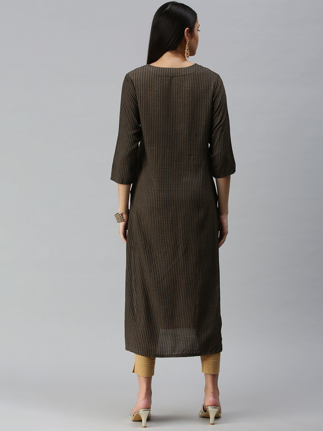 Women's Black Beige Floral Khatwa Straight Kurta