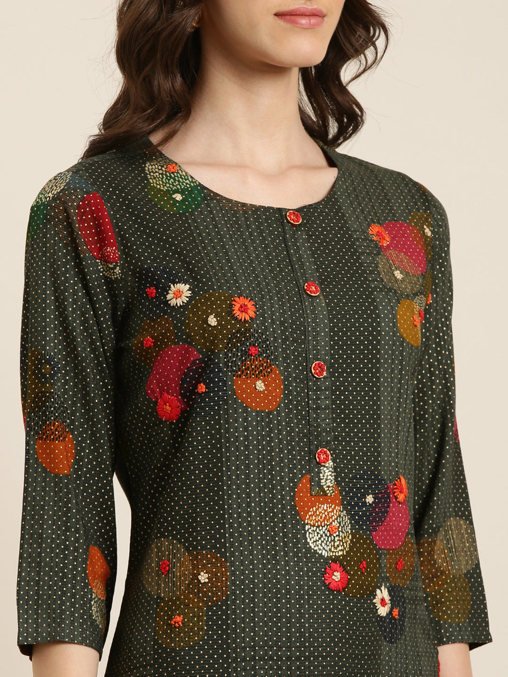 Women's Green Geometric Printed Thread Wok Straight Kurta