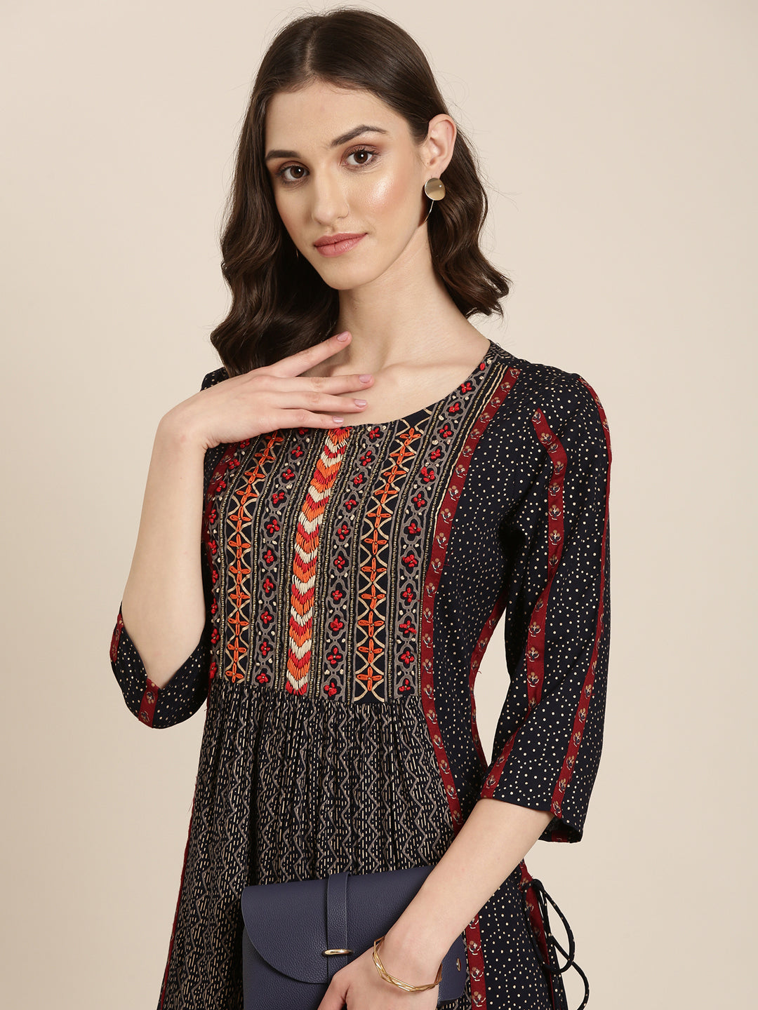 Women's Navy Blue Geometrical Printed A-line Kurta