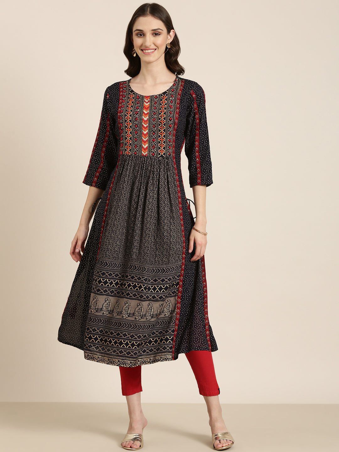Women's Navy Blue Geometrical Printed A-line Kurta