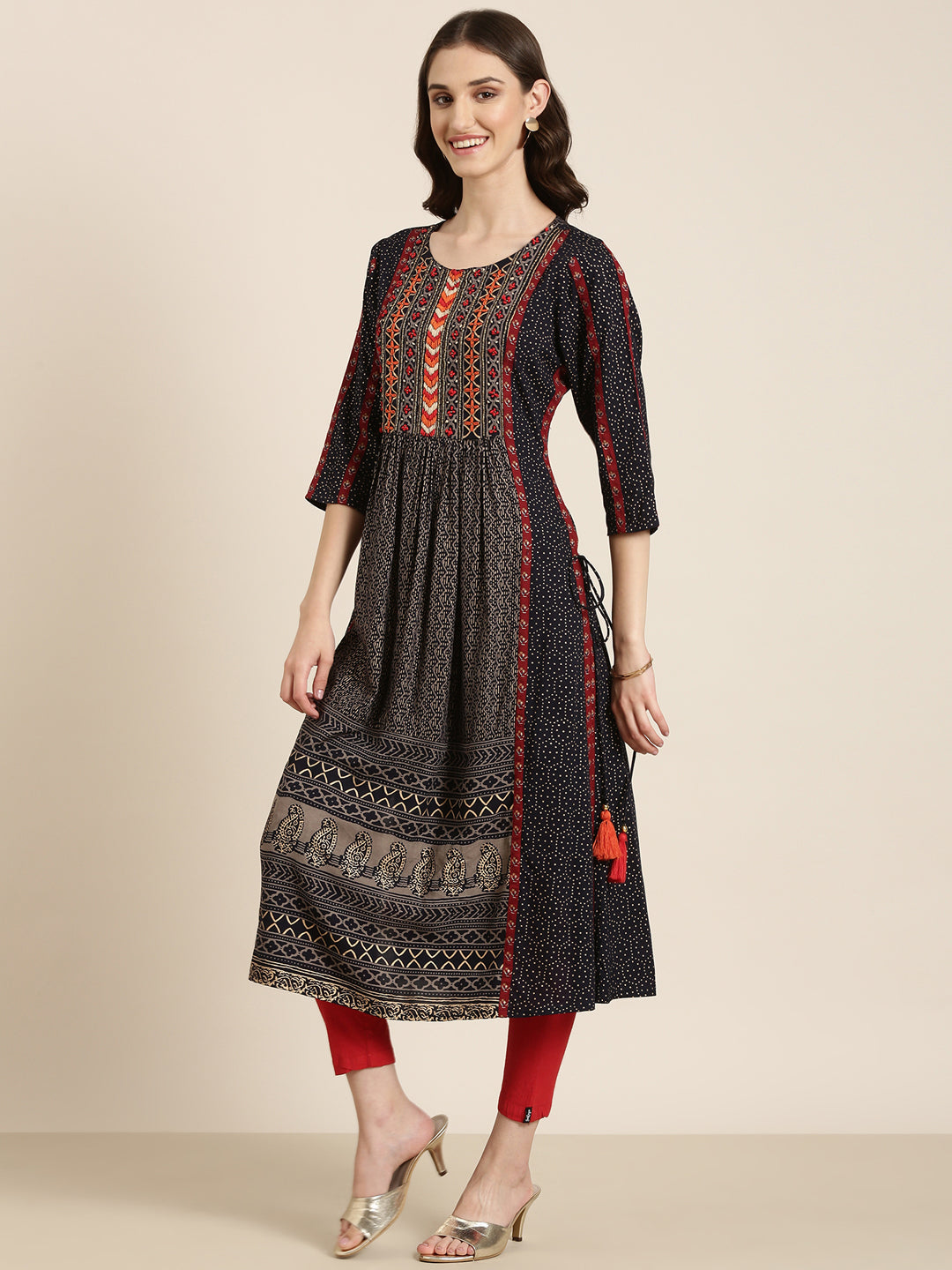 Women's Navy Blue Geometrical Printed A-line Kurta