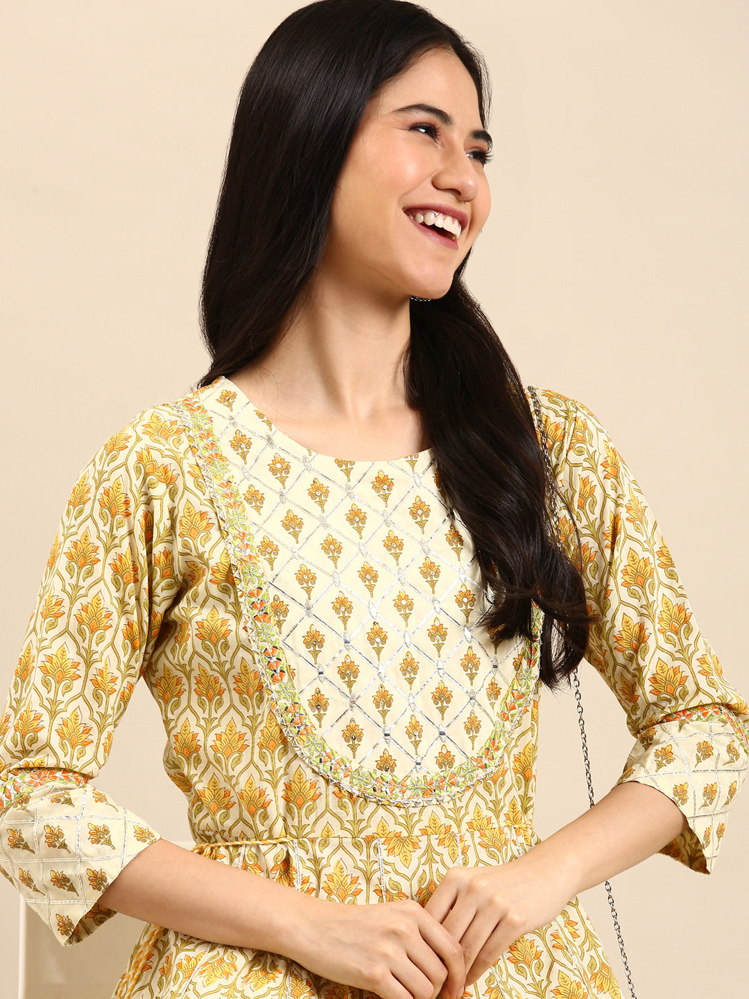 Women's Cream Printed Mirror Work Floral Anarkali Kurta