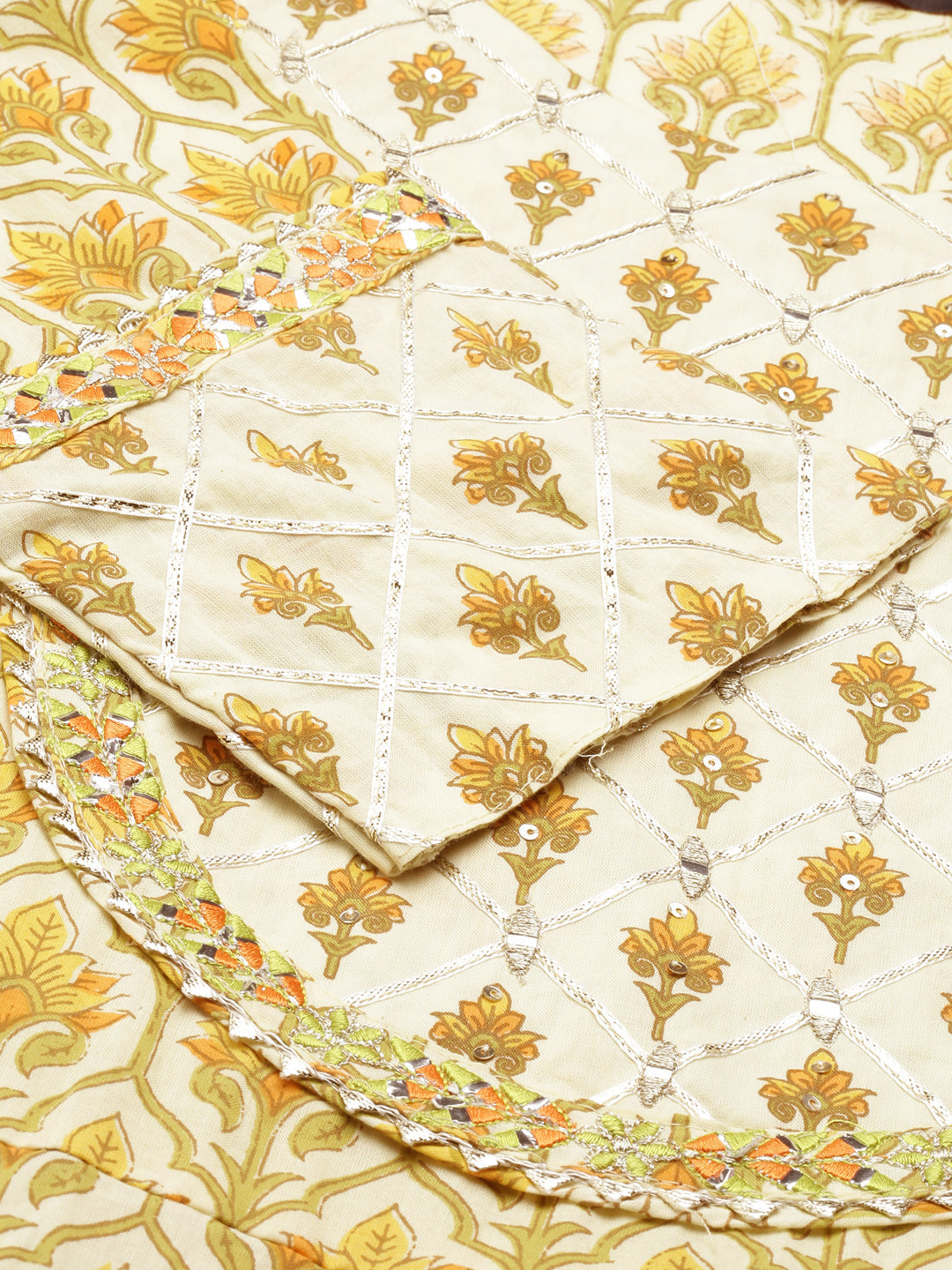 Women's Cream Printed Mirror Work Floral Anarkali Kurta