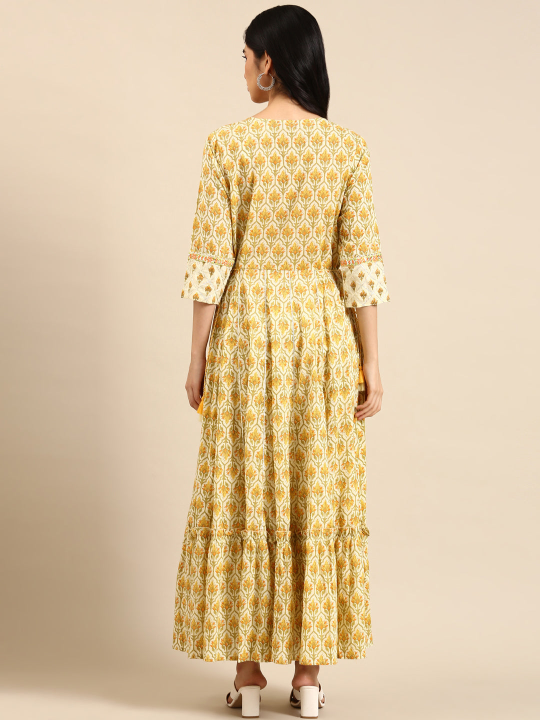 Women's Cream Printed Mirror Work Floral Anarkali Kurta