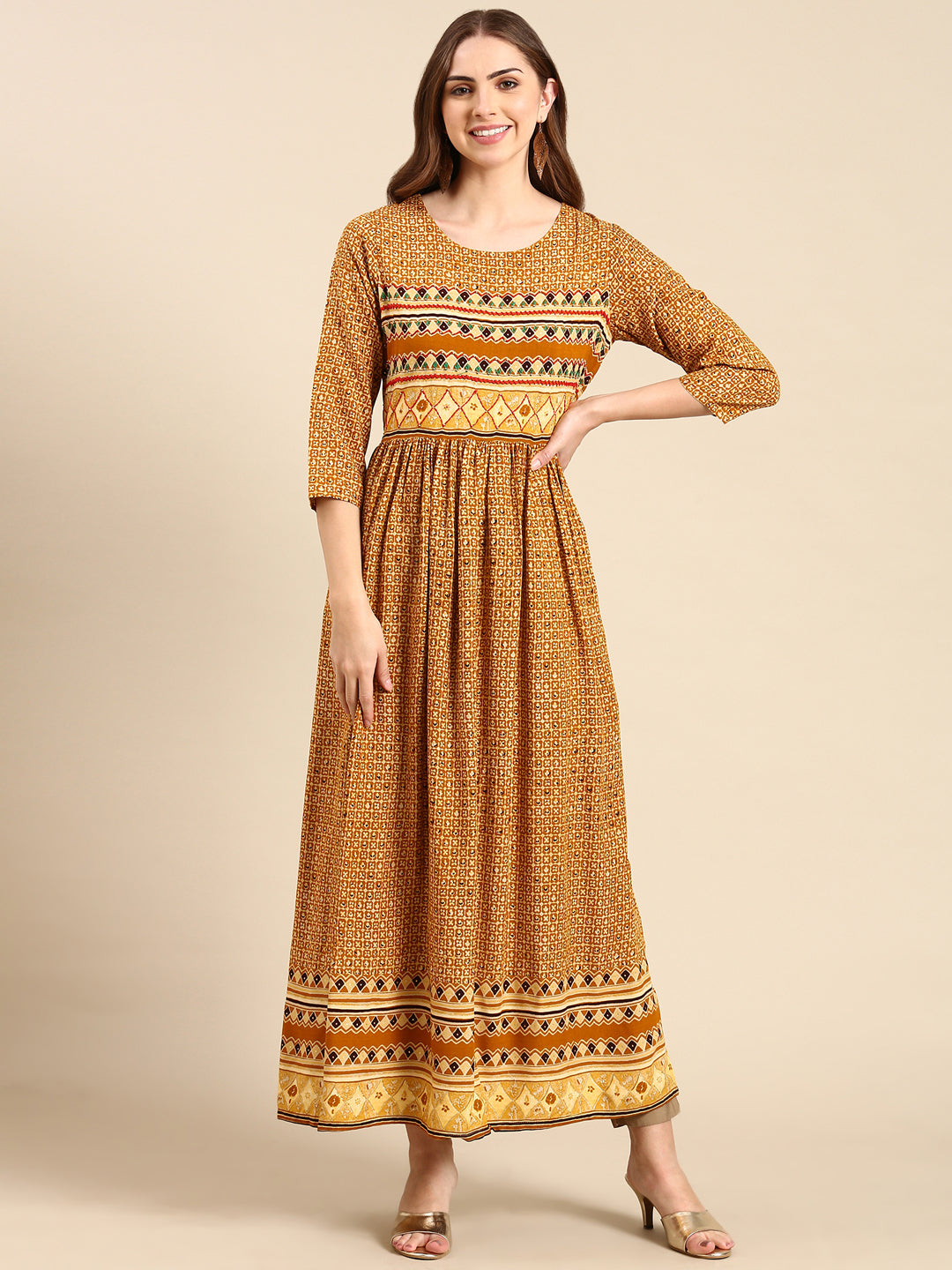Women's Mustard Printed Thread Work Anarkali Kurta
