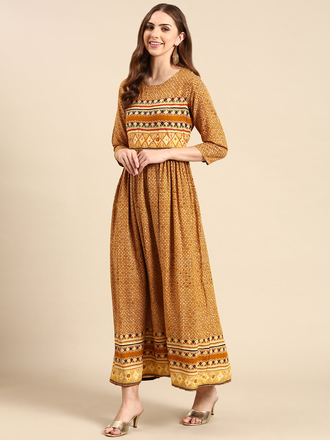 Women's Mustard Printed Thread Work Anarkali Kurta